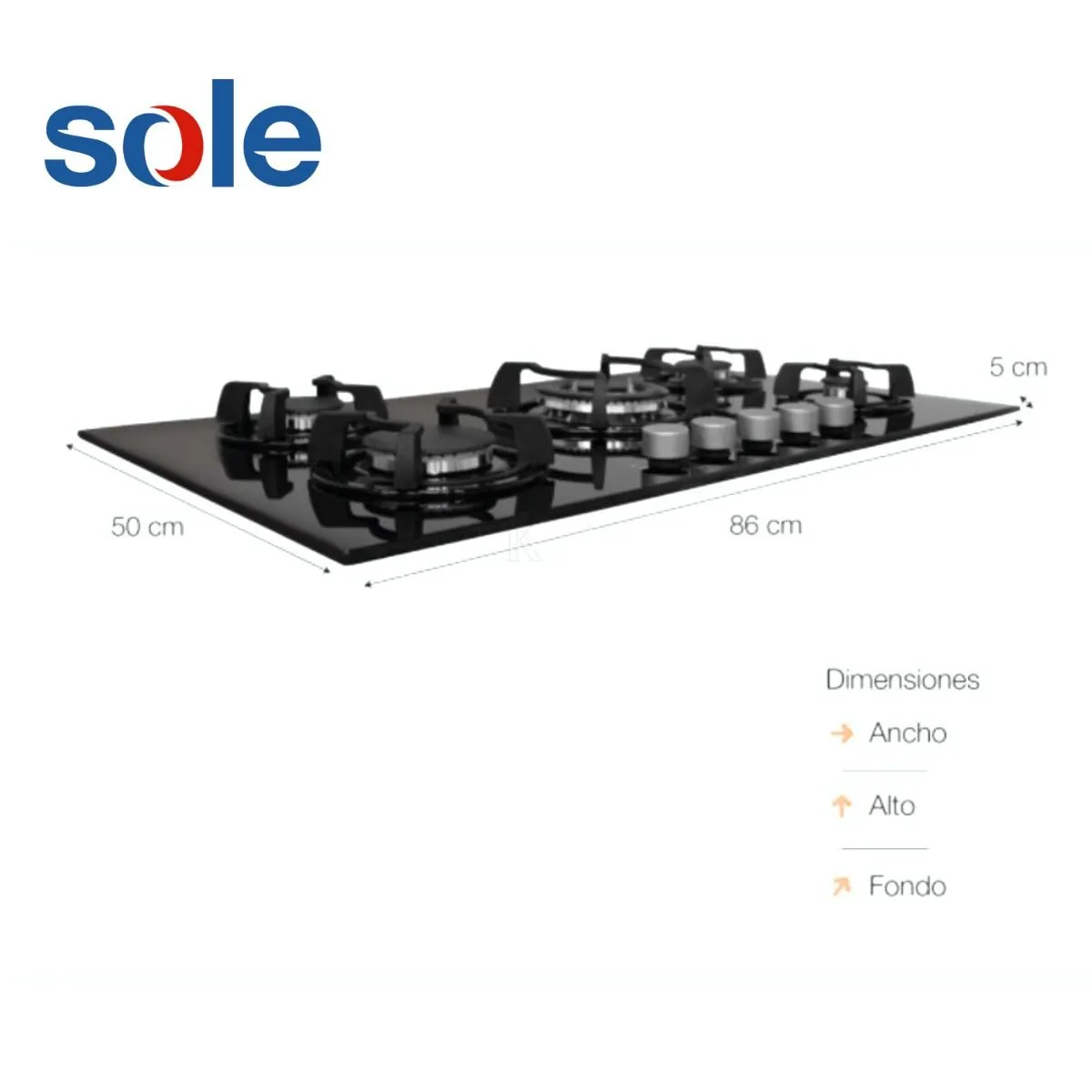 SOLE - Cocina Empotrable Sole Vidrio Templado de 5 Hornillas 86 cm SOLCO033