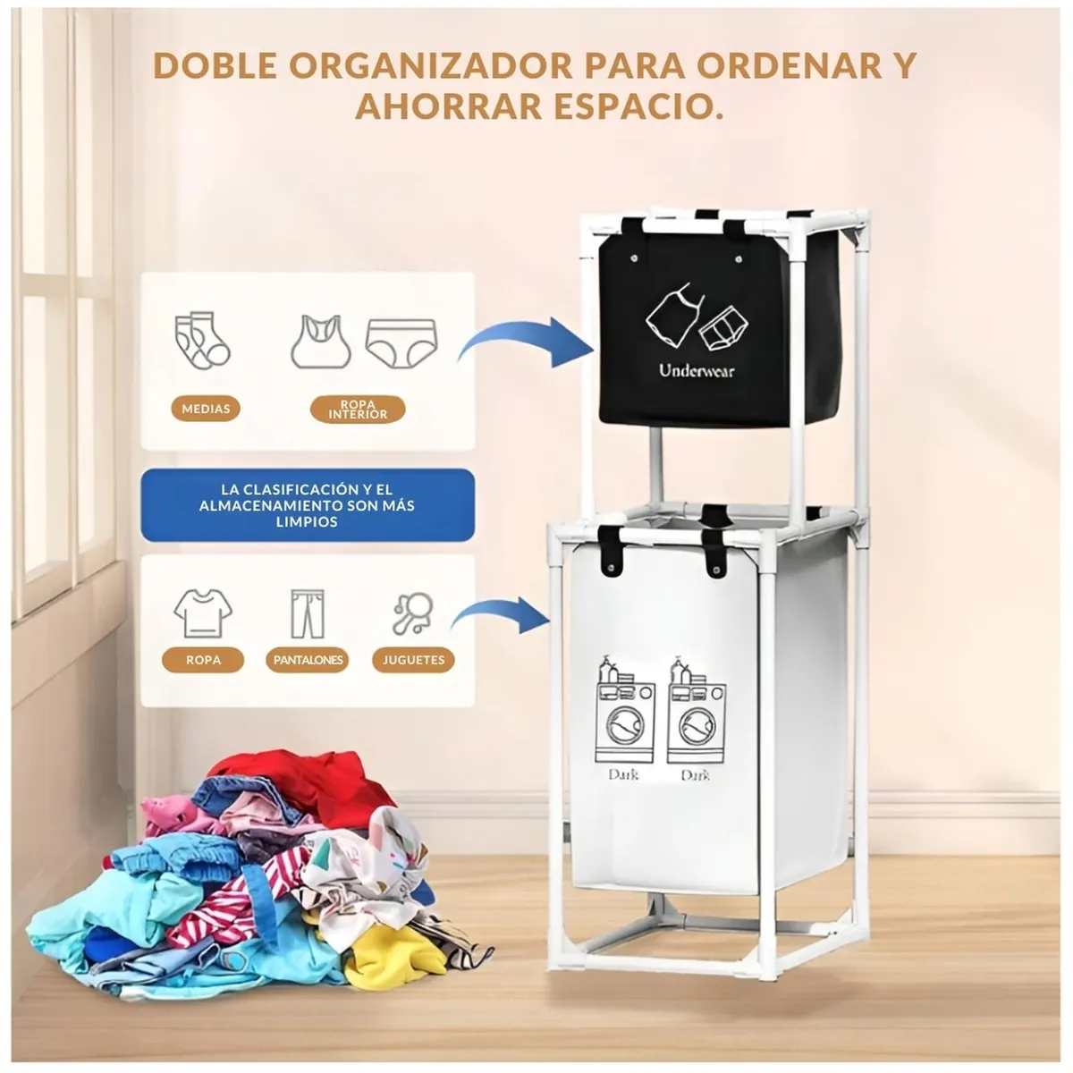 MINARI - Cesta Organizador de Ropa Para Lavandería 2 Niveles con Ruedas NG CL20
