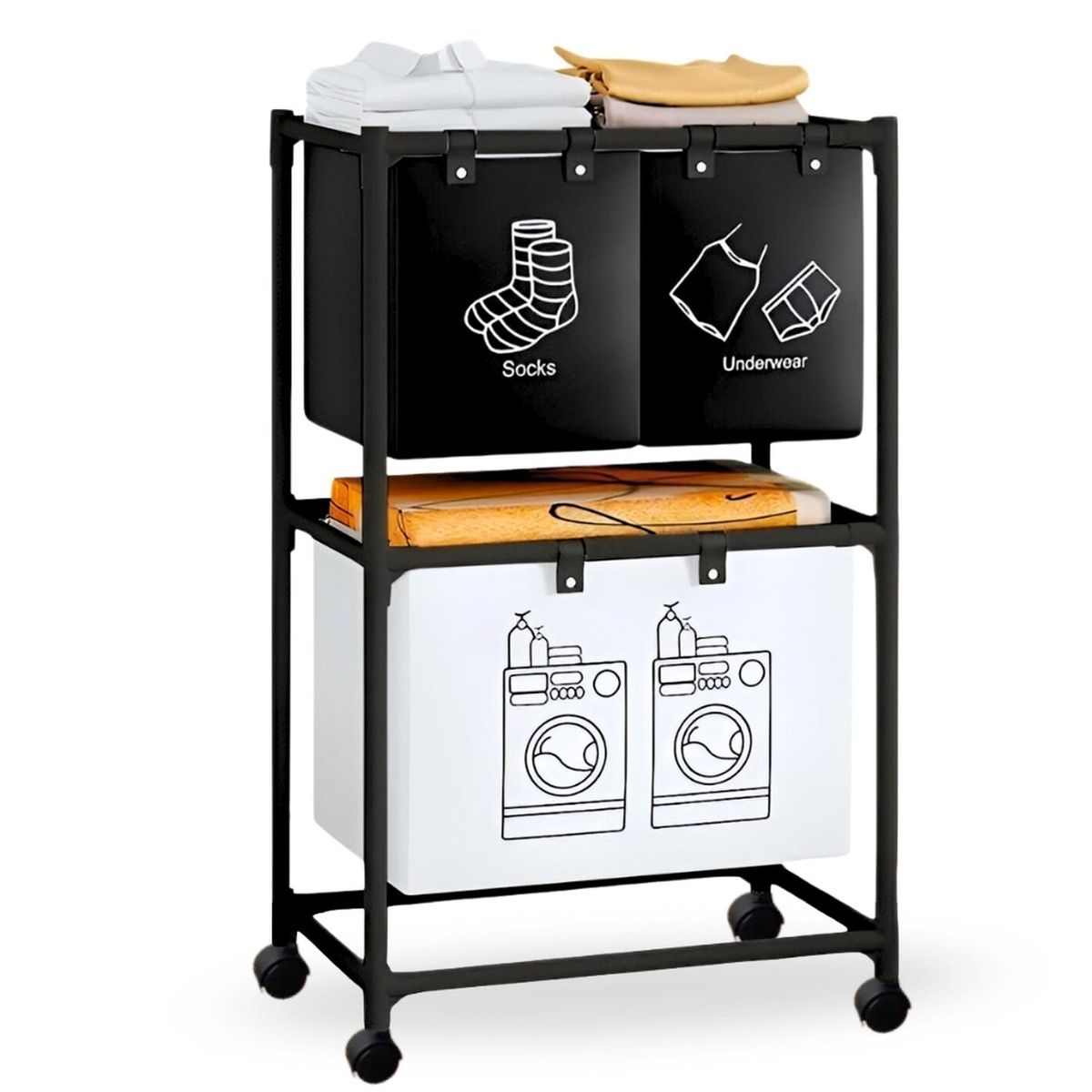 MINARI - Cesta Organizador de Ropa Para Lavandería 3 Compartimientos con Ruedas NG CL30