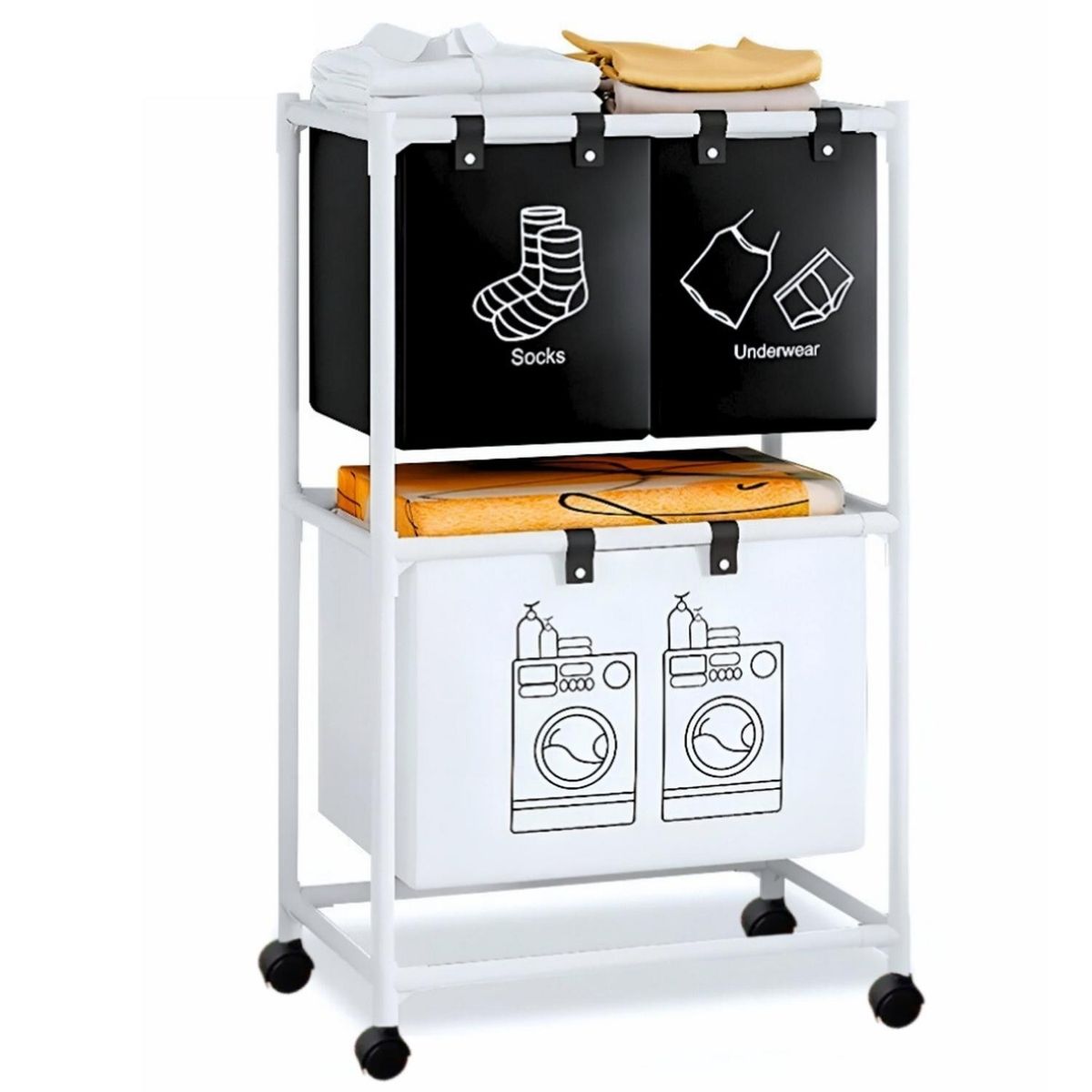 MINARI - Organizador Cesta de Ropa Multifuncional 3 Compartimientos con Ruedas BL CL30