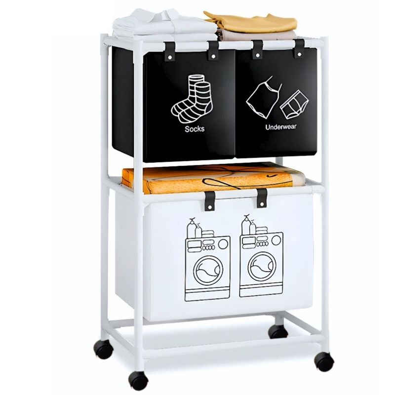 MINARI - Organizador Cesta de Ropa Multifuncional 3 Compartimientos con Ruedas BL CL30