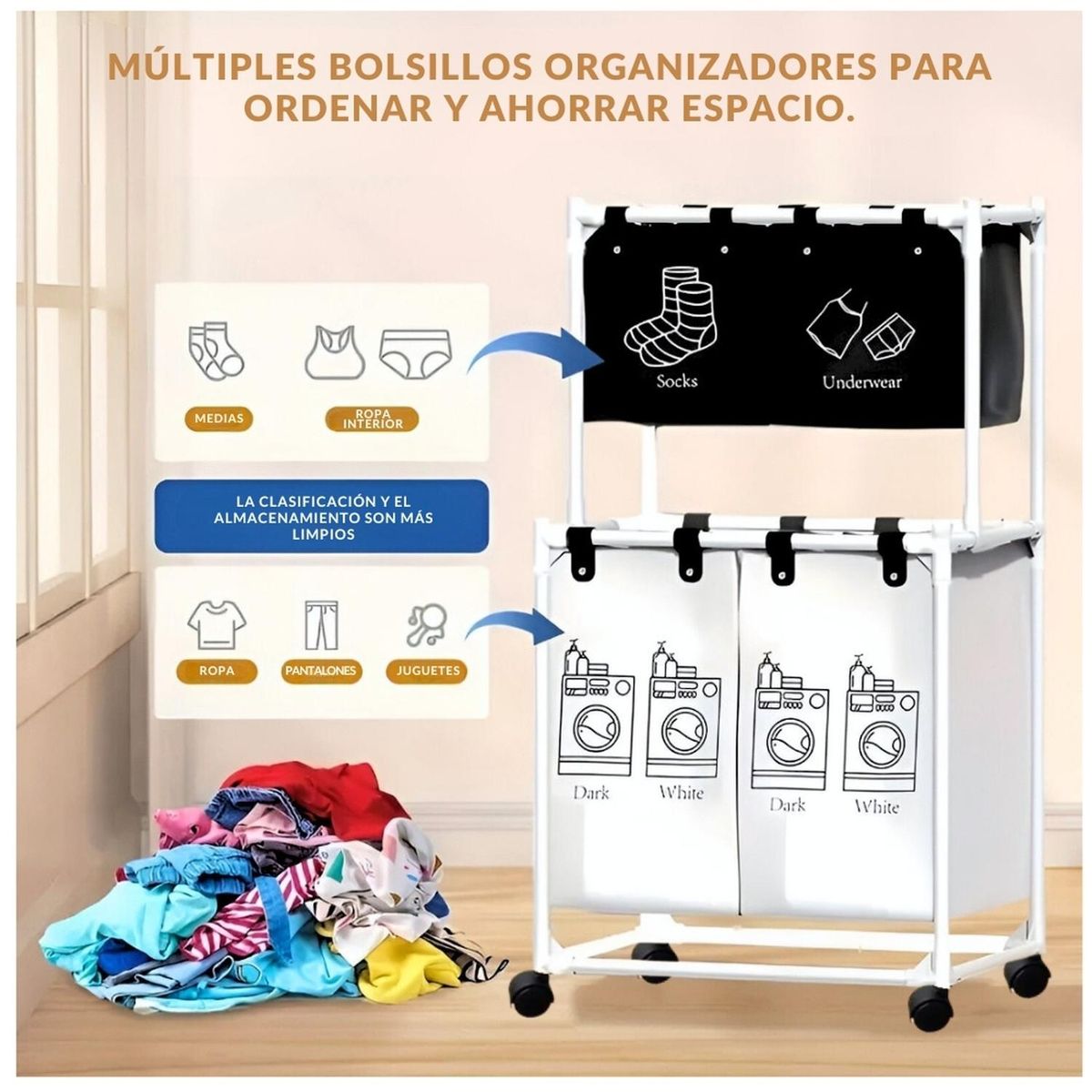 MINARI - Organizador Cesta de Ropa Multifuncional 3 Compartimientos con Ruedas BL CL30