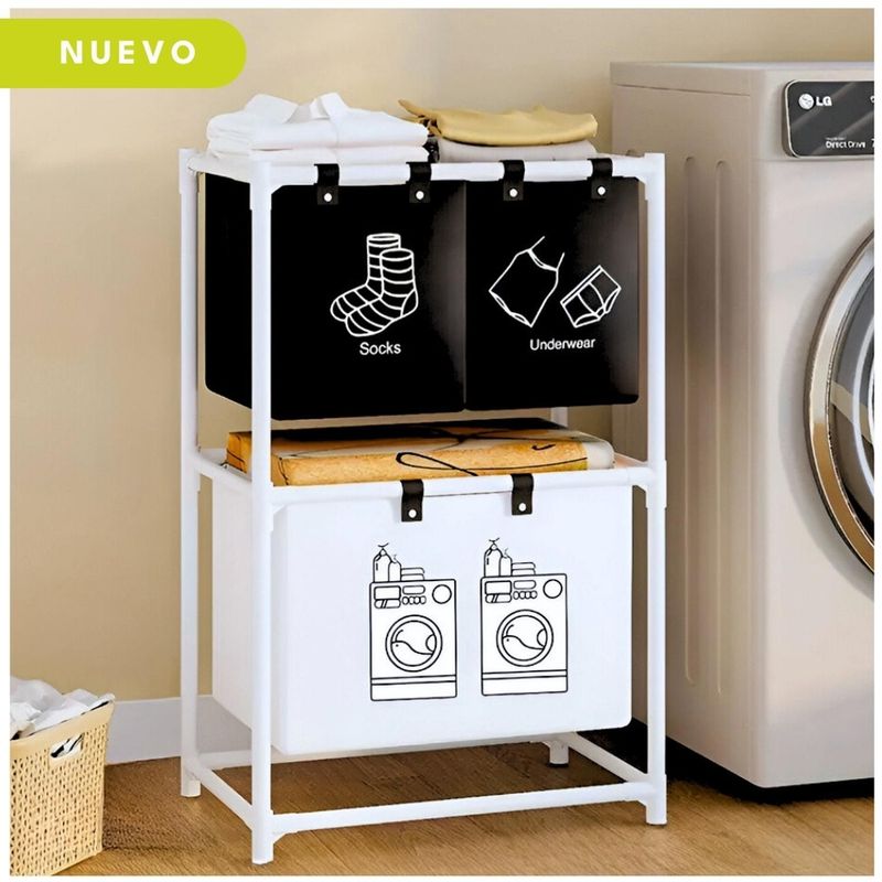 MINARI - Cesta Organizador de Ropa Para Lavandería 3 Compartimientos con Ruedas BL CL30