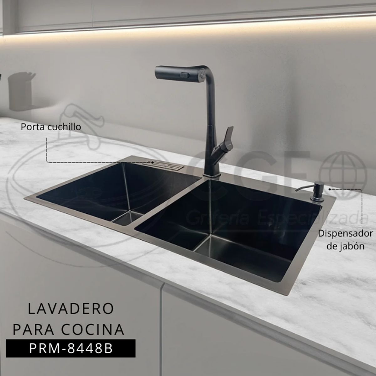 FRATELLI - LAVADERO DE COCINA ACERO DOBLE POZA NEGRO PRM-8448B