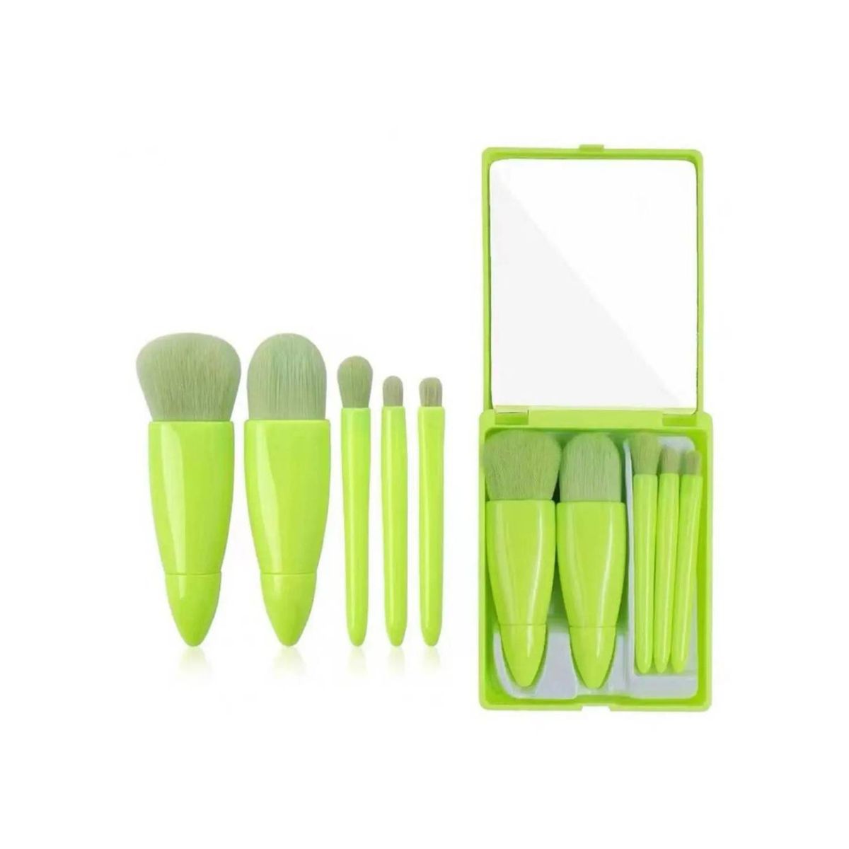 GENERICO - Set x 5 Mini Brochas con Estuche y Espejo para Cartera - Verde Neon