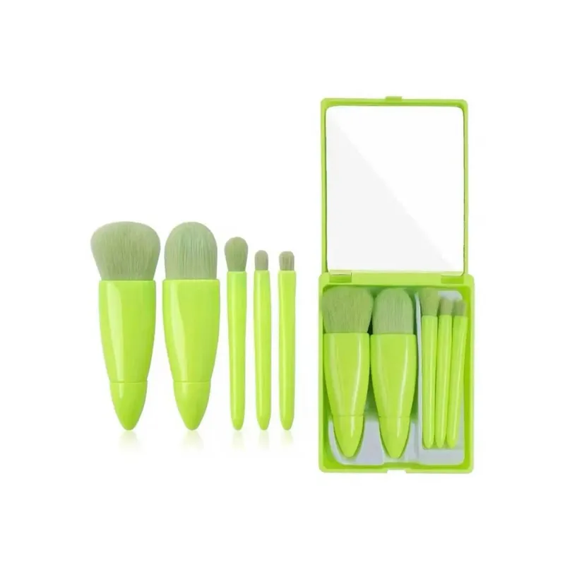 GENERICO - Set x 5 Mini Brochas con Estuche y Espejo para Cartera - Verde Neon