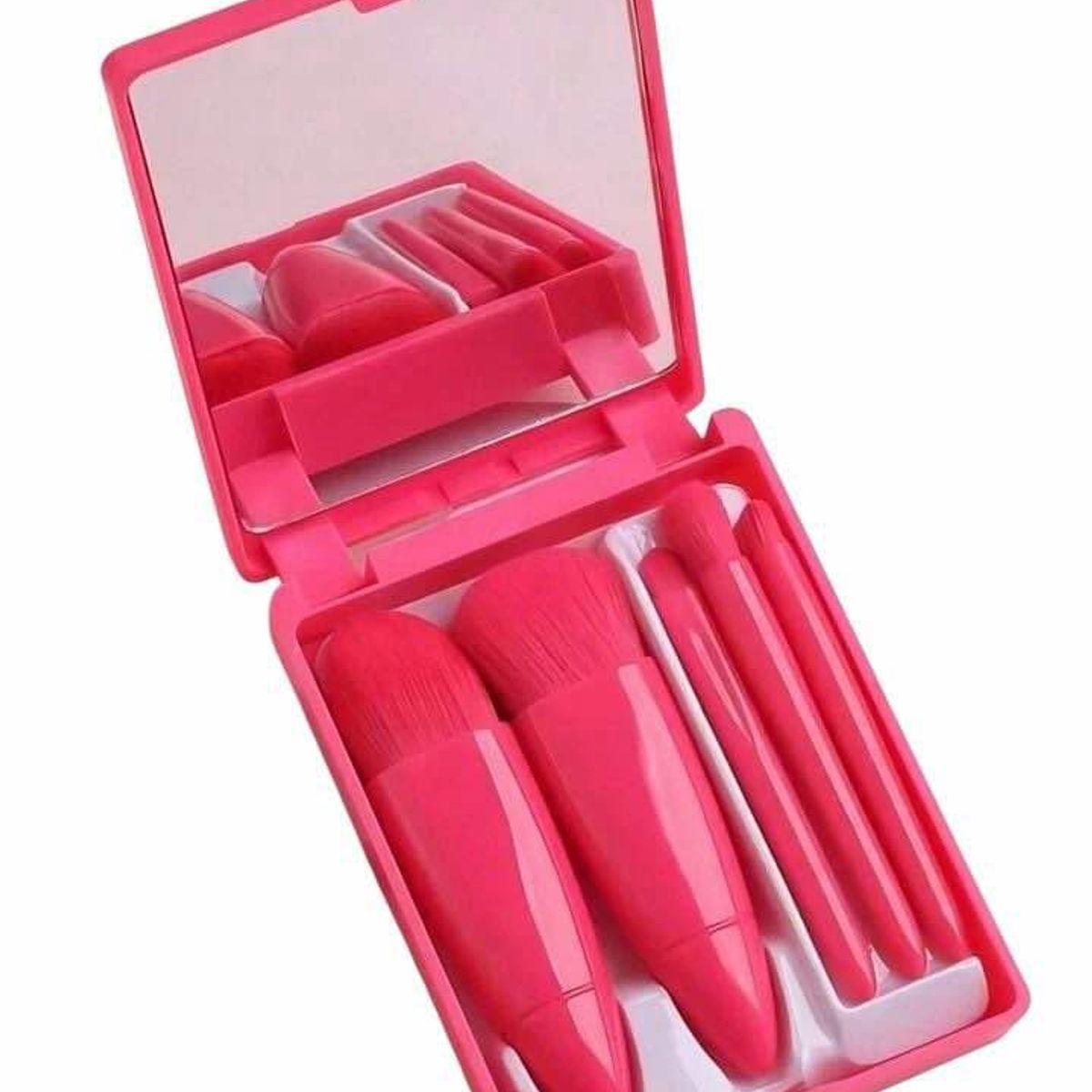 GENERICO - Set x 5 Mini Brochas con Estuche y Espejo para Cartera - Fucsia