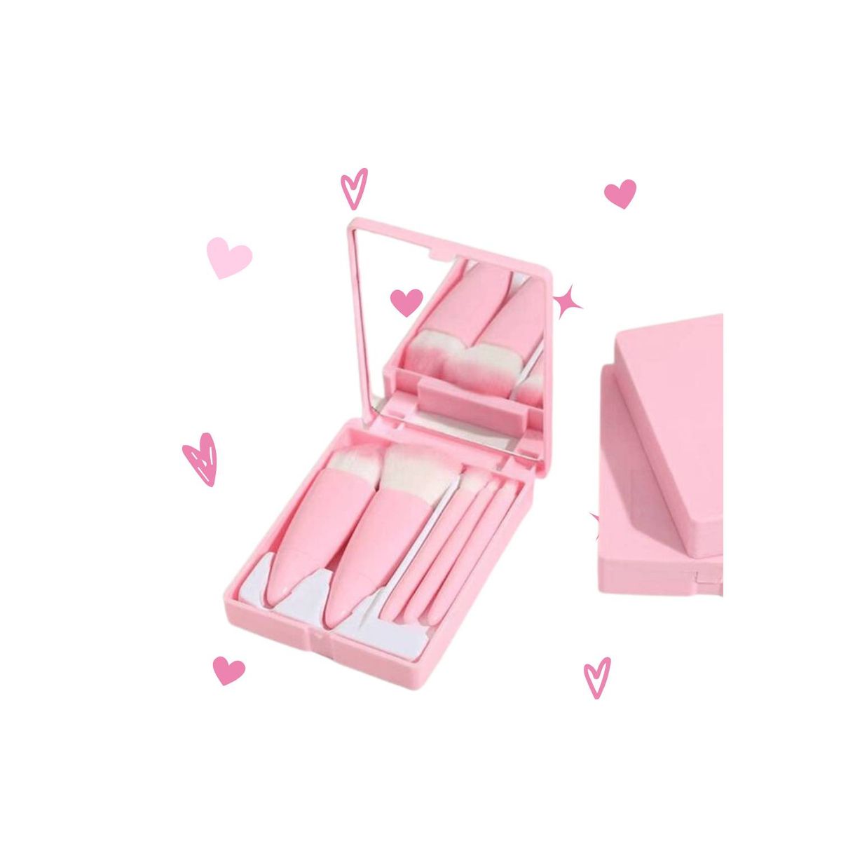 GENERICO - Set x 5 Mini Brochas con Estuche y Espejo para Cartera - Rosado