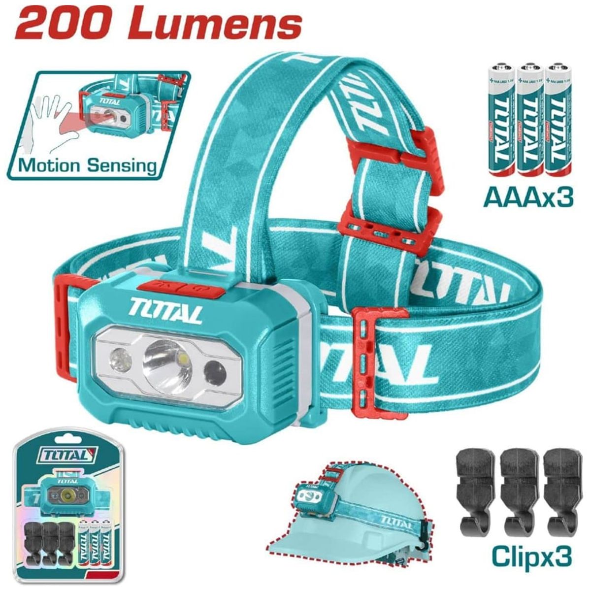 TOTAL TOOLS - Linterna frontal 200 Lumenes TOTAL 3W sensor movimiento led