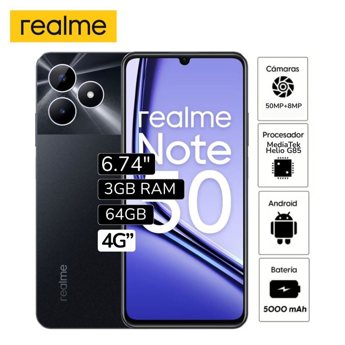 REALME - Celular Realme Note 50 Liberado 6.74"  Pulg. 3GB RAM 64GB  - Midnight Black