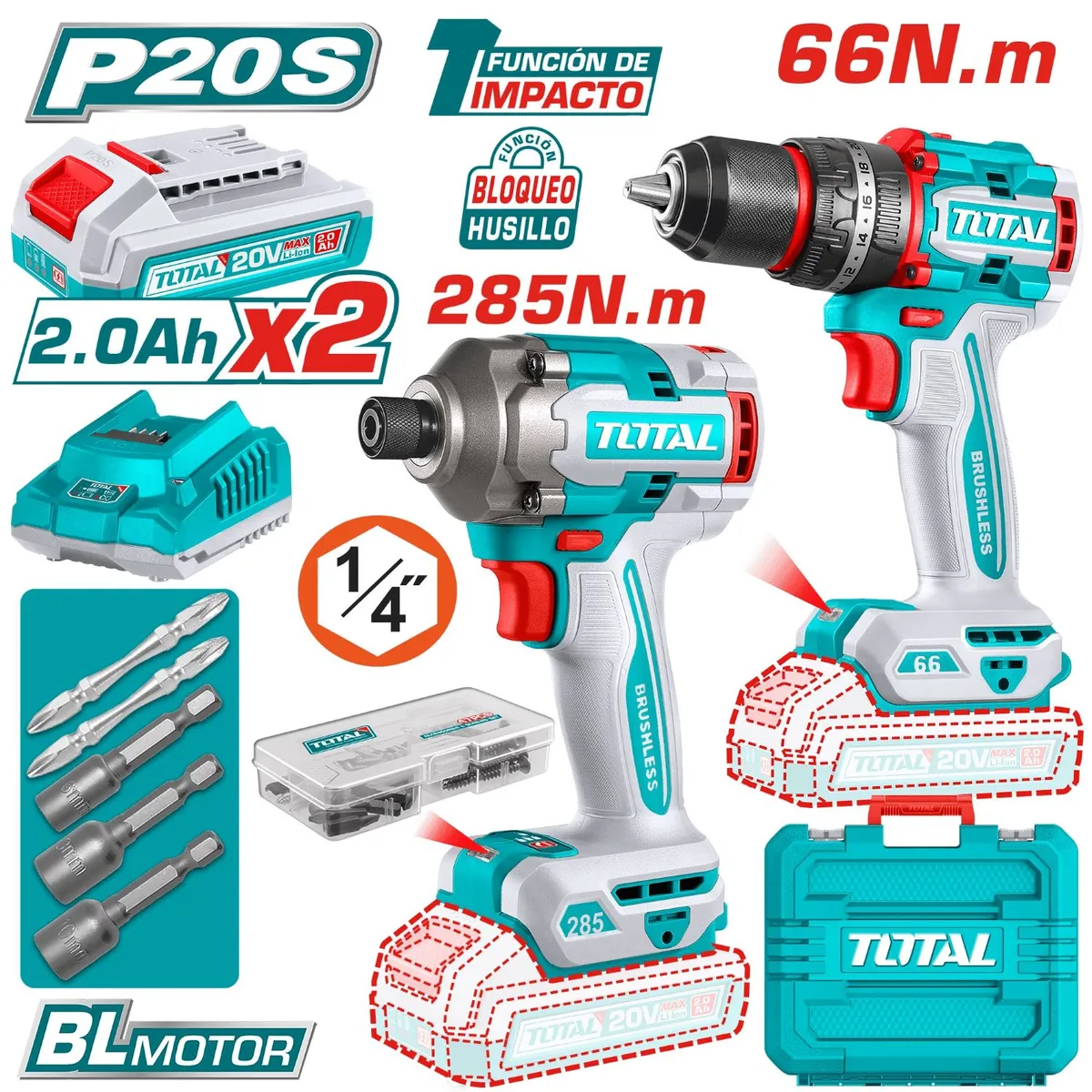 TOTAL TOOLS - Combo Taladro Percutor 66nm + Atornillador de impacto 285nm-TCKLI20277
