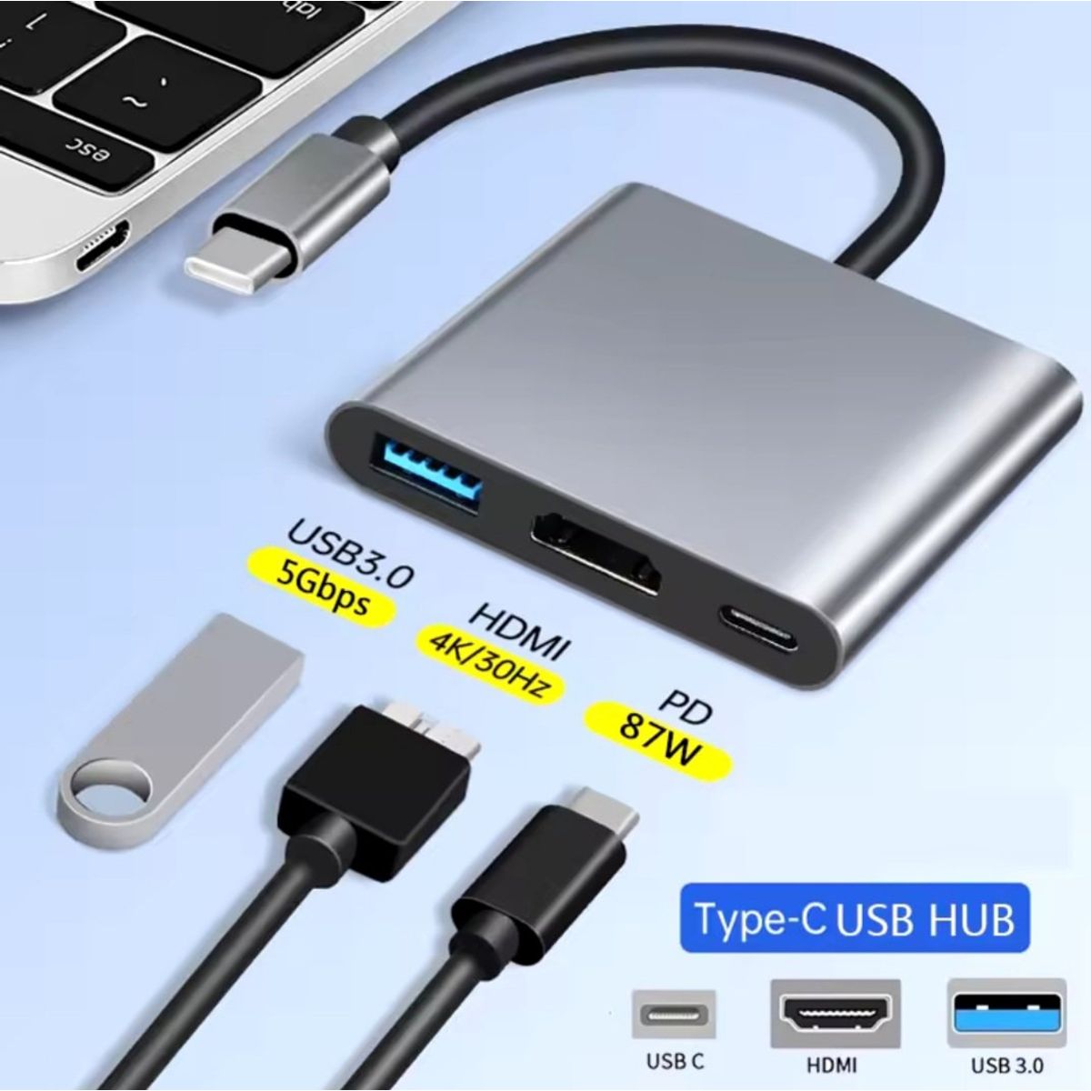 GENERICO - ADAPTADOR HUB TIPO C 3 en 1 a HDMI 4K, PUERTO USB Y CONECTOR TIPO C