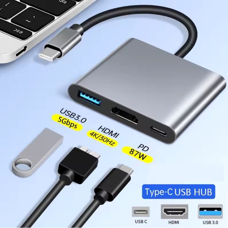 GENERICO - ADAPTADOR HUB TIPO C 3 en 1 a HDMI 4K, PUERTO USB Y CONECTOR TIPO C