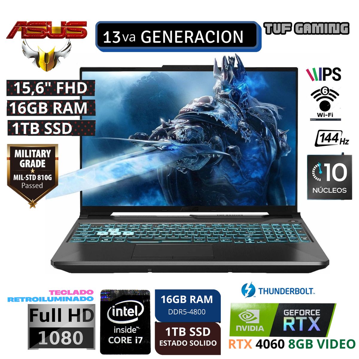 ASUS - Laptop Gamer Asus TUF F15 de 15.6", Intel Core i7, 10 núcleos, NVIDIA GeForce RTX 4060, 16GB RAM