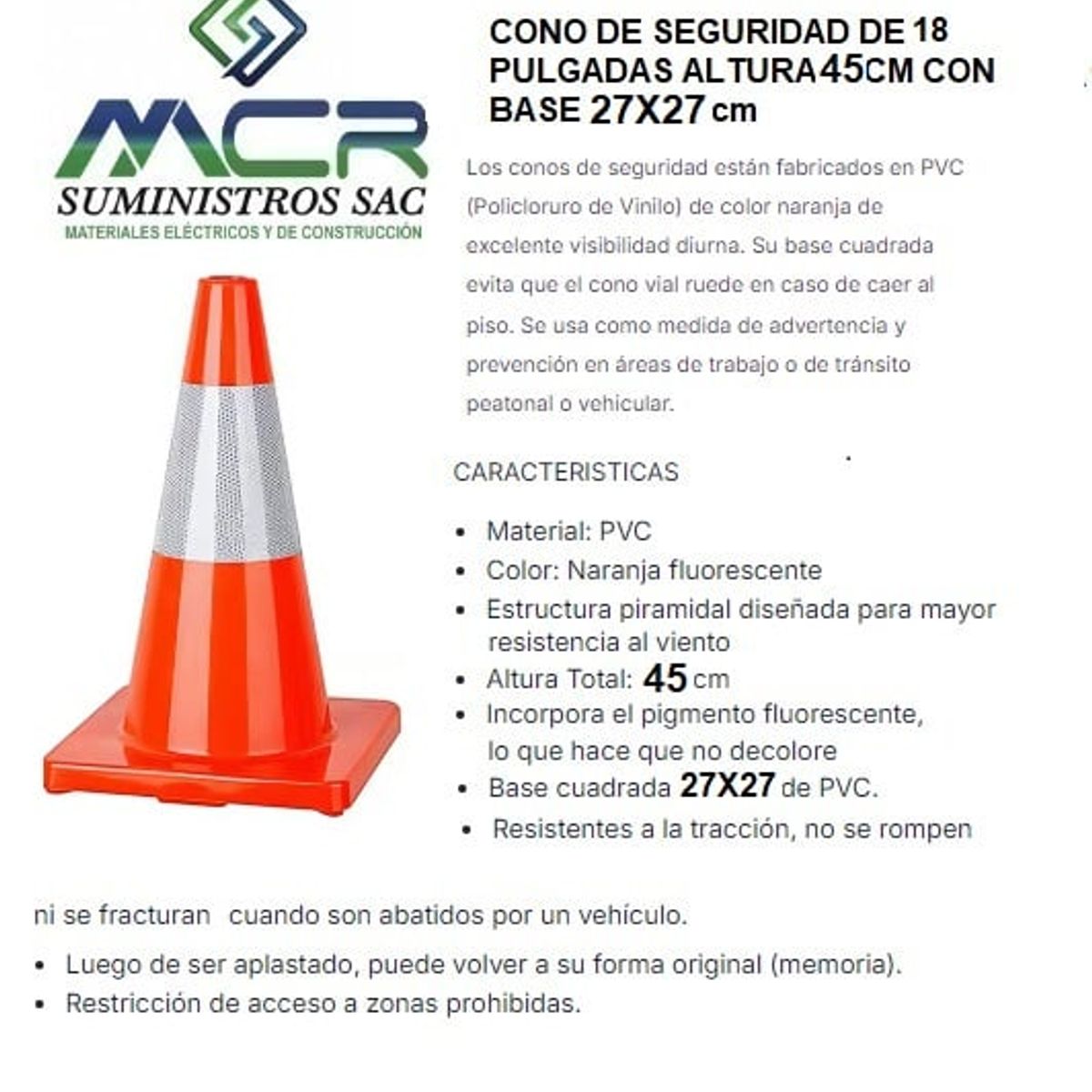 GENERICO - CONO DE SEGURIDAD DE 18 PULGADAS ALTURA 45CM CON BASE 27X27 CM