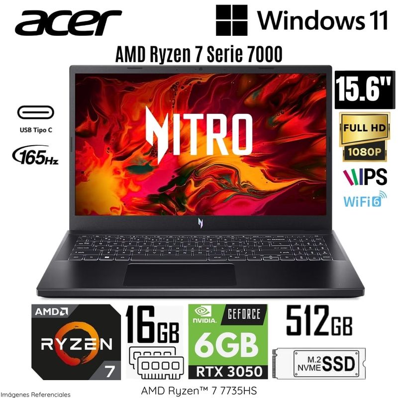 Acer Nitro · Ryzen 7 · 16 GB RAM · 512 GB · RTX 3050 de 6 GB — imagen de referencia
