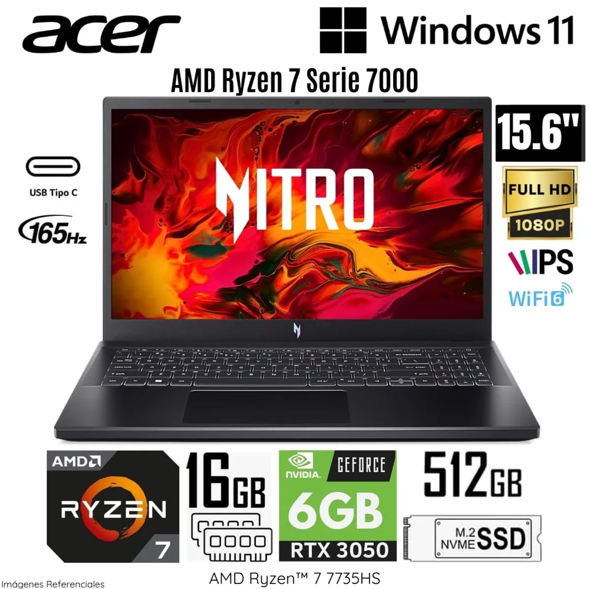 ACER - Laptop Acer Nitro ANV15-41-R6ZZ AMD Ryzen7-7735HS 16GB RAM 512GB SSD 156 FHD RTX3050-6GB - Black
