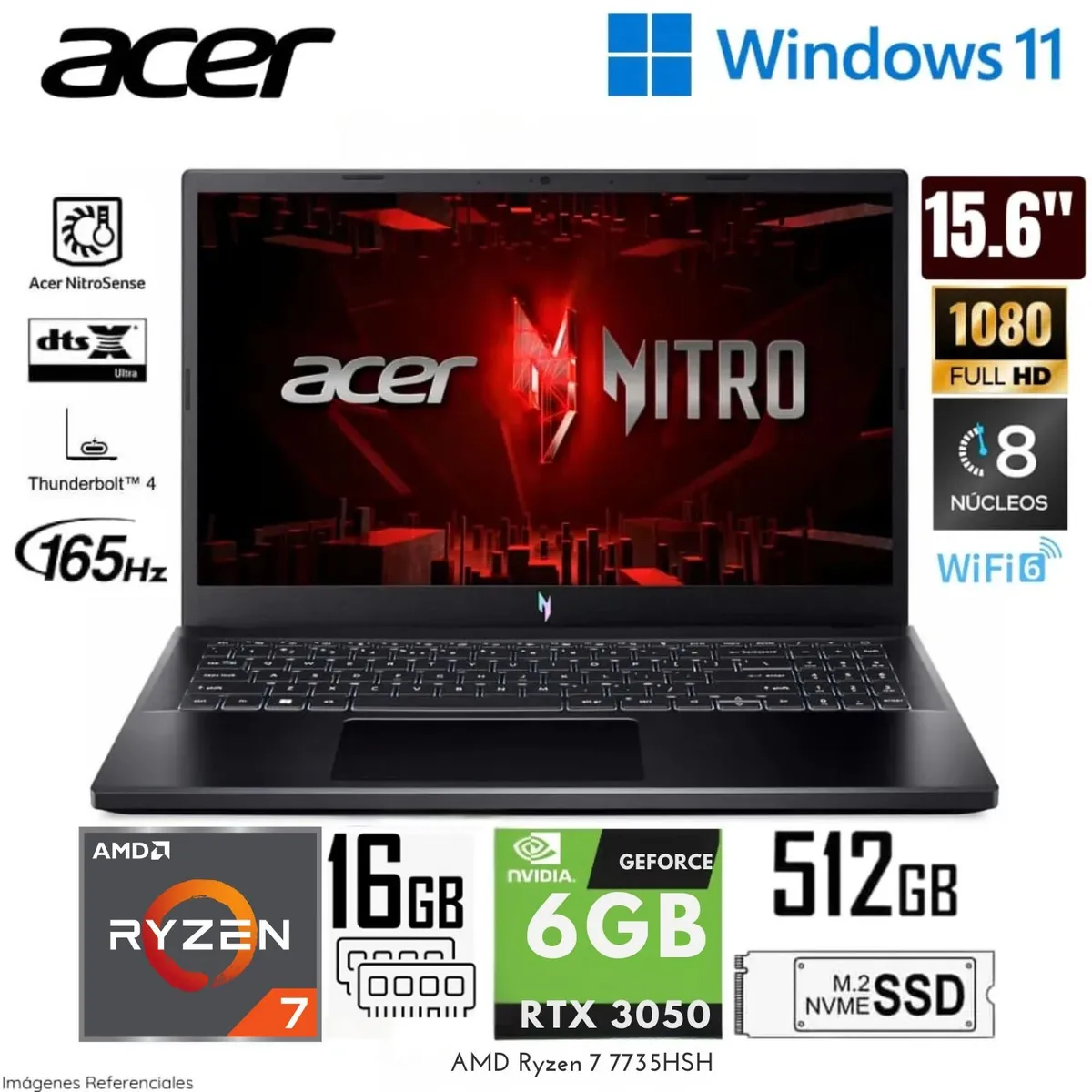 ACER - Laptop ACER NITRO ANV15-41-R6ZZ Ryzen 7-7735HS RAM 16GB SSD 512GB 15.6" FHD 165Hz RTX 3050 6GB