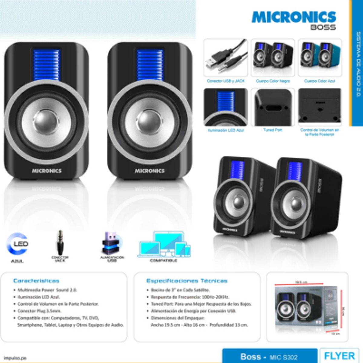 MICRONICS - PARLANTES MICRONICS BOSS BLACK S302 LED Azul USB PC LAPTOP TABLET