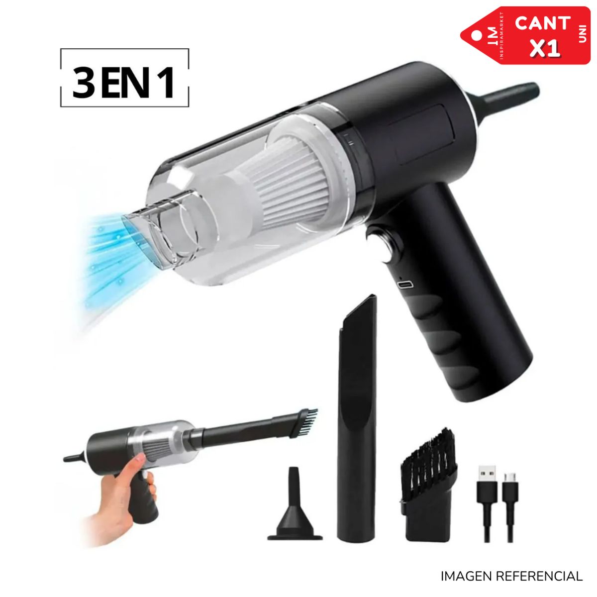 INSPIRA MARKET - Aspiradora Portátil 3 en 1 para Auto Oficina y Hogar Recargable USB