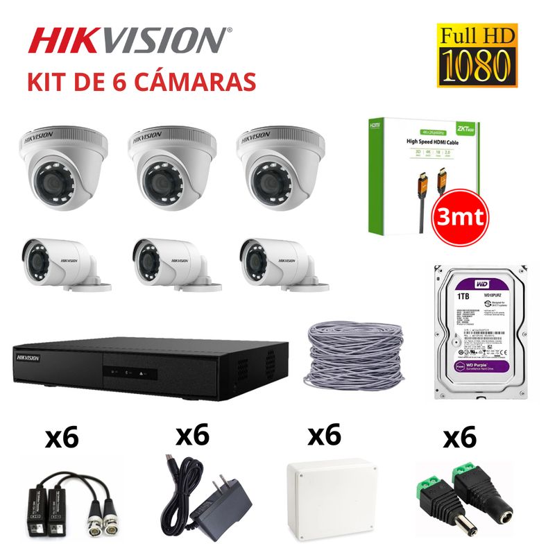 HIKVISION - KIT 6 CÁMARAS FULL HD 1080P + DISCO 1TB PURPURA + HDMI 3M + CAJA DE PASE