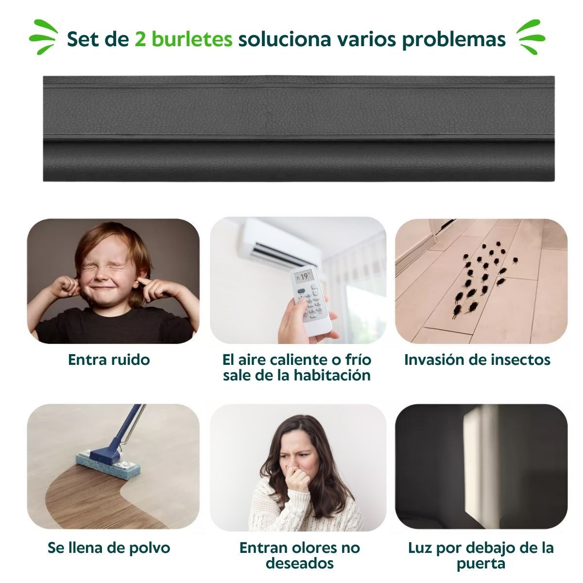 HOGARMAS - Set de 2 Burlete Tope Adhesivo para Puerta con Velcro para Fácil Limpieza Negro