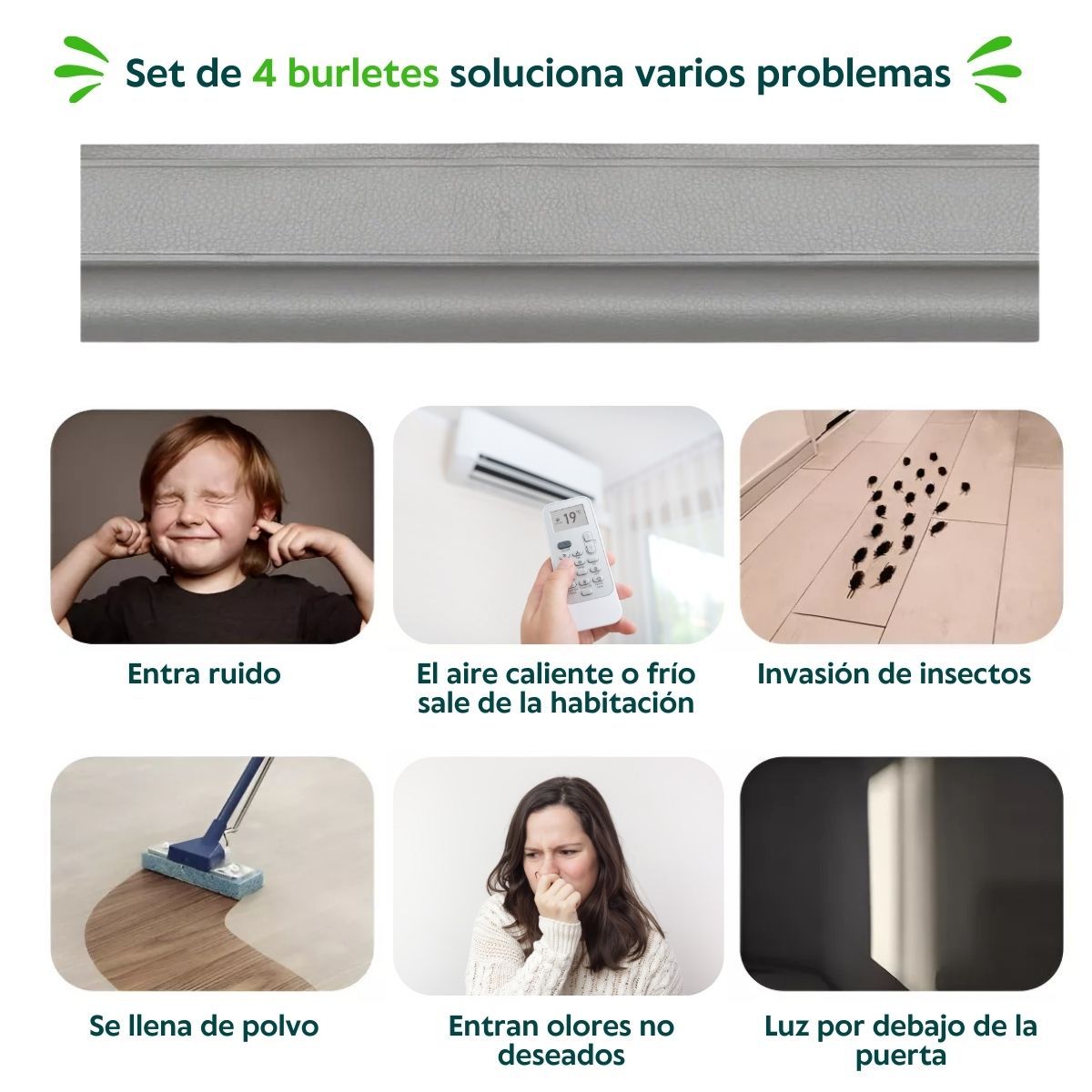 HOGARMAS - Set de 4 Burlete Adhesivo para Puerta con Velcro para Fácil Limpieza Gris