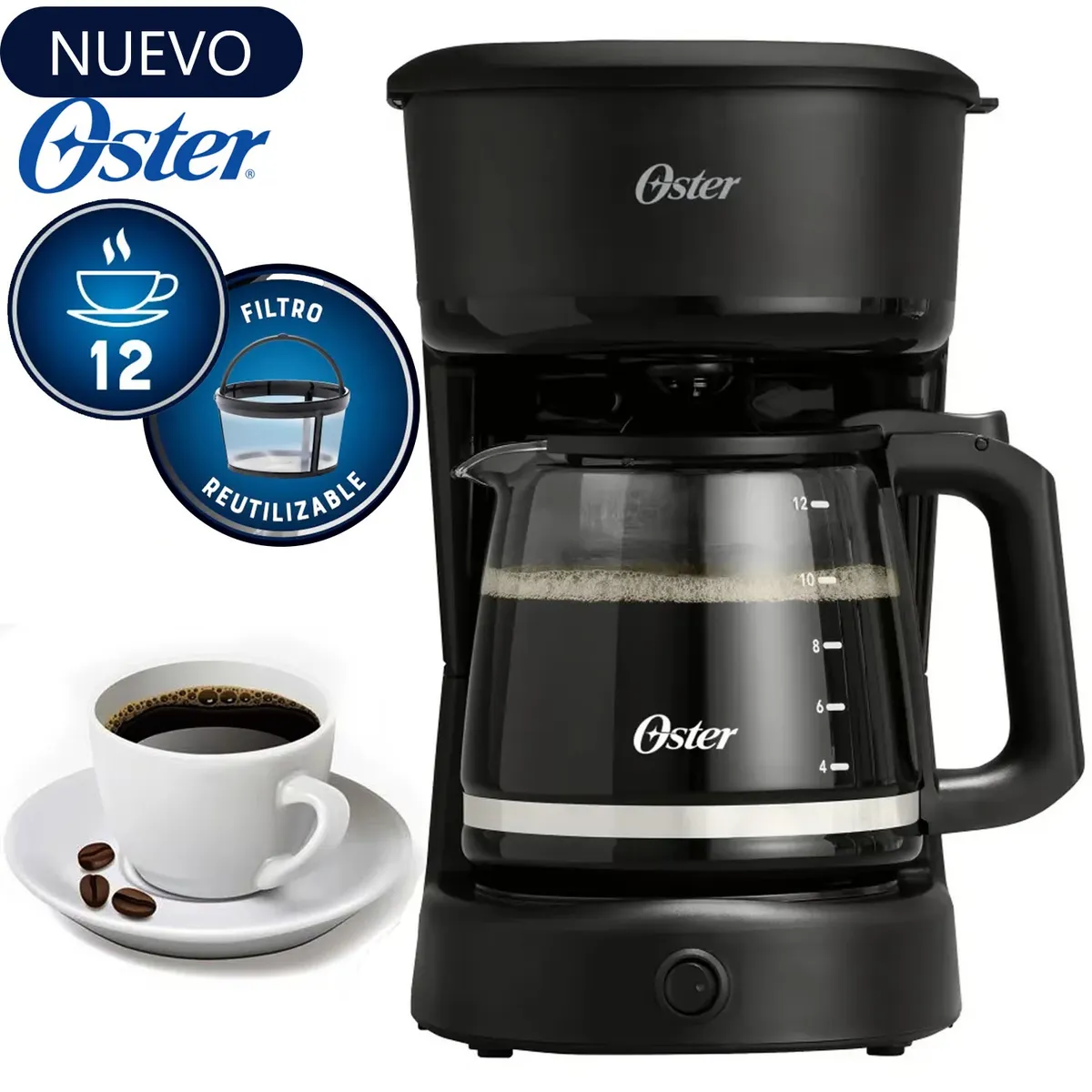 OSTER - Cafetera Oster 12 Tazas de Filtro reutilizable BVSTDCS121B