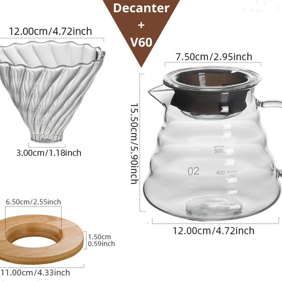 GENERICO - Dripper v60 vidrio con base de madera + Jarra GRATIS filtro de papel