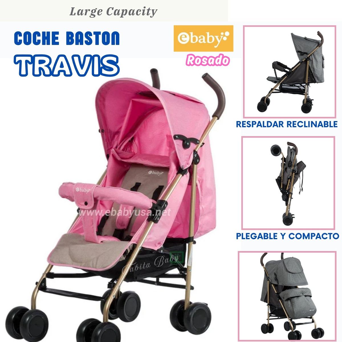 EBABY - Coche Travis 3 Posiciones Rosado