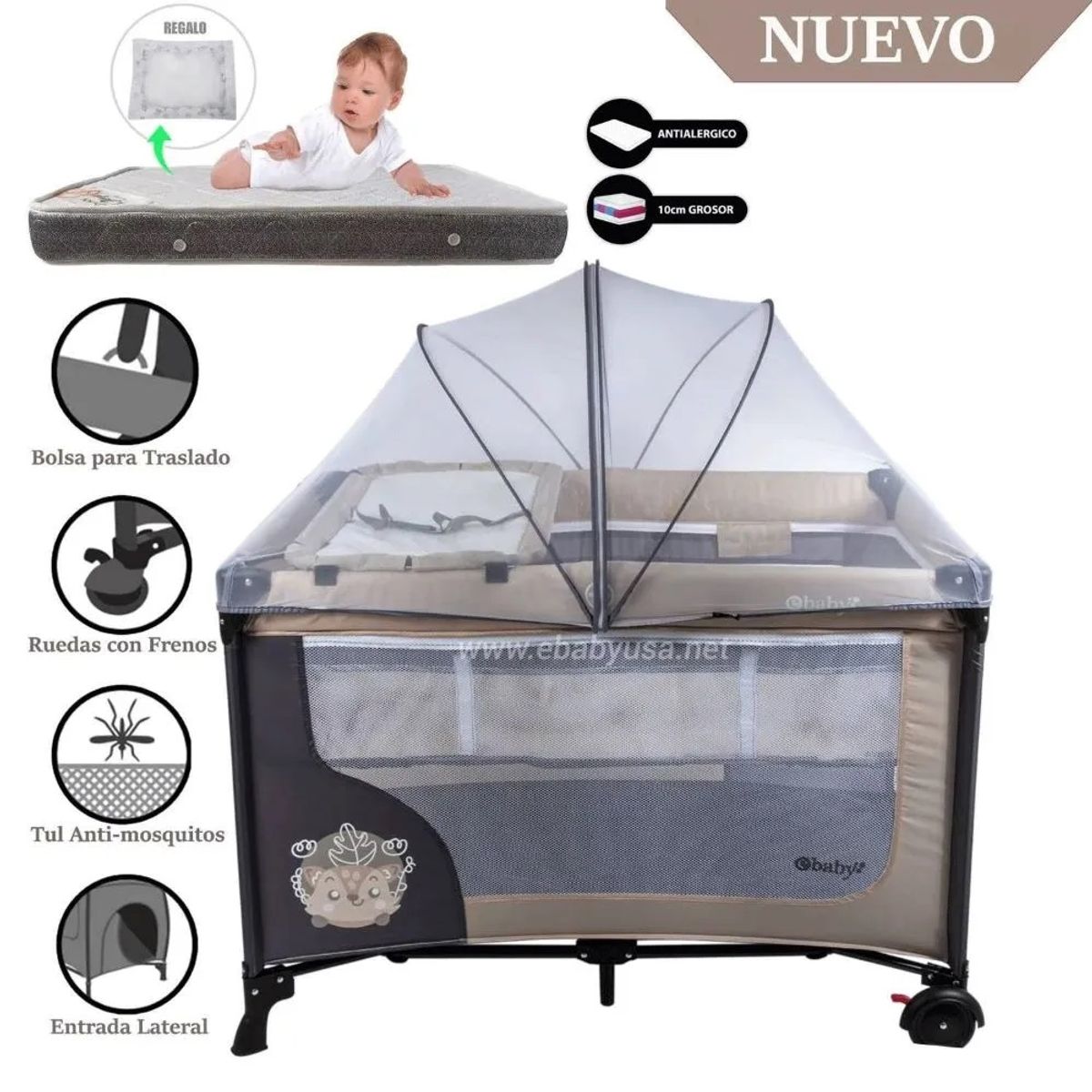 EBABY - Cuna Corral Ebaby Happy Dream con Cambiador + Colchon BEIGE