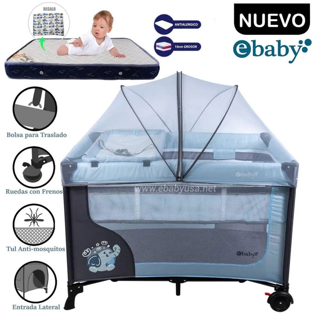 EBABY - Cuna Corral Ebaby Happy Dream con Cambiador + Colchon Azul