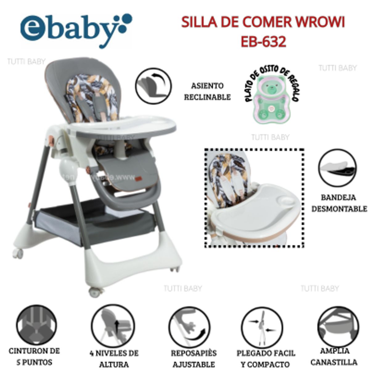 EBABY - SILLA DE COMER GRADUABLE WROWI - GRIS