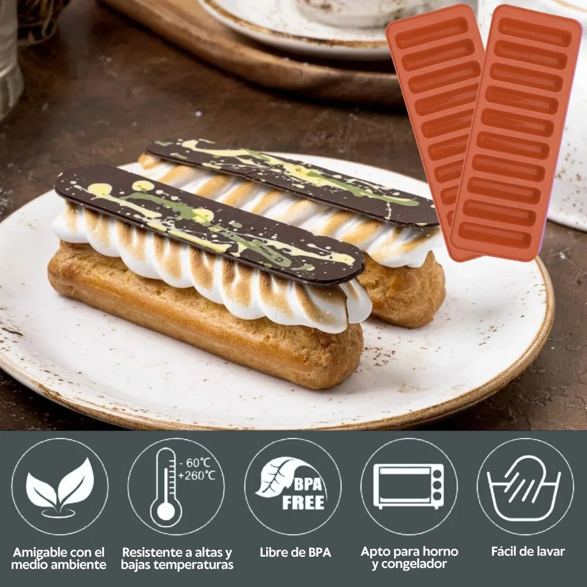 HOGARMAS - Set de 3 Moldes Bandejas en Tiras para Hielos Postres Rojo Ladrillo