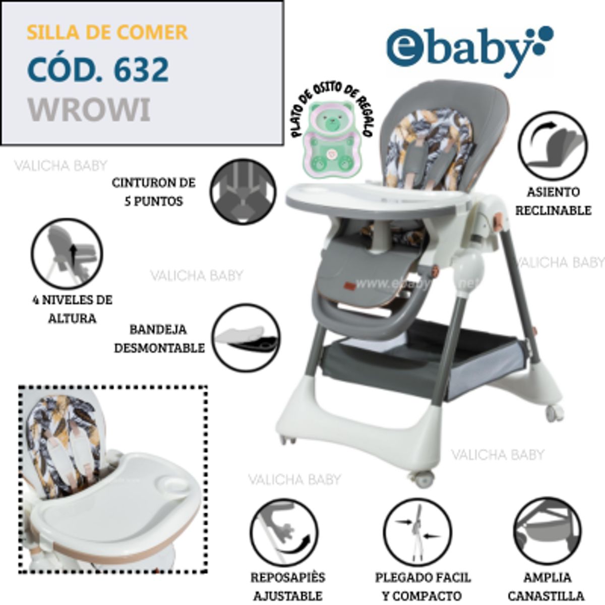 EBABY - SILLA DE COMER GRADUABLE WROWI -GRIS
