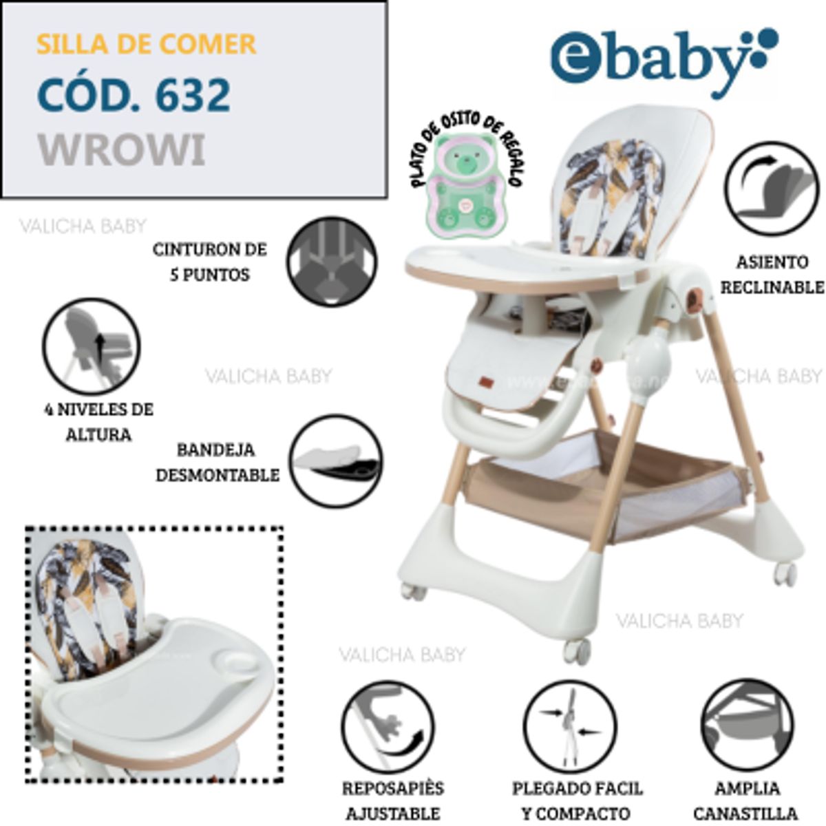 EBABY - SILLA DE COMER GRADUABLE WROWI - BLANCO