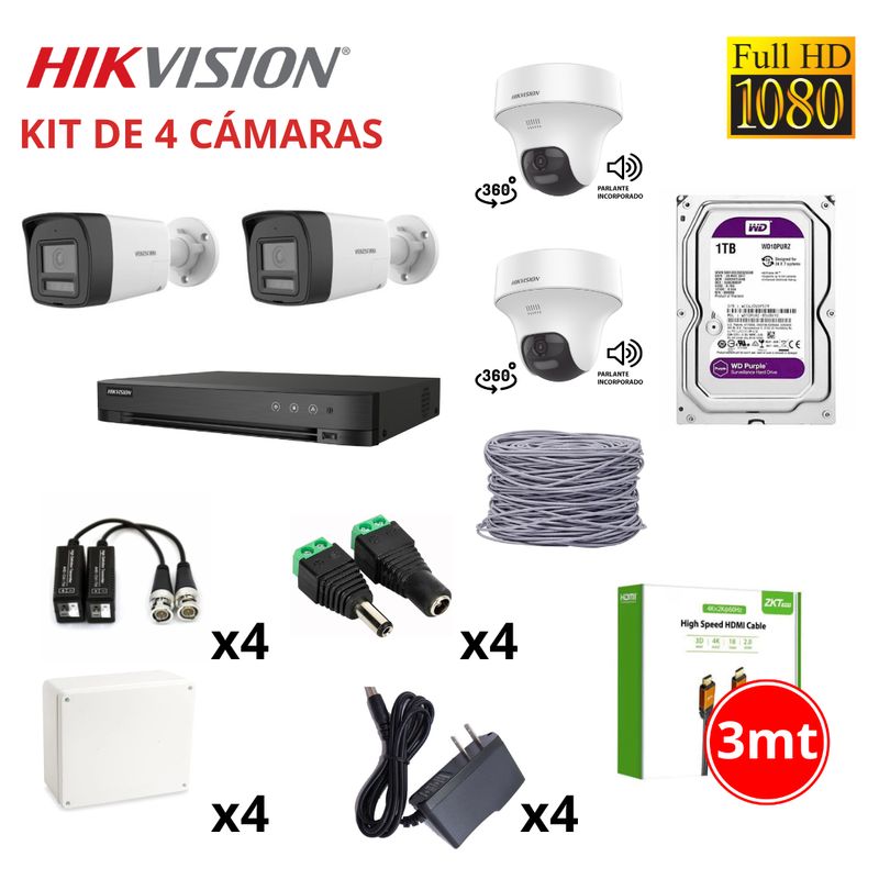 HIKVISION - KIT4 CÁMARAS DE SEGURIDAD FULL HD C  AUDIO BIDIRECCIONAL + DISCO 1TB PURPURA