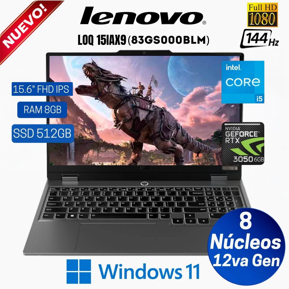 LENOVO - Laptop LENOVO LOQ 15IAX9 Intel Core i5-12450HX 15.6" FHD IPS 144Hz 8GB 512GB RTX 3050 6GB 83GS000BLM