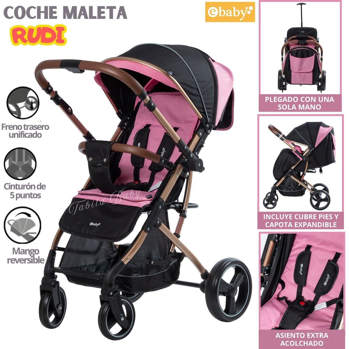 EBABY - Coche Maleta plegable extra acolchado Rudi Rosado