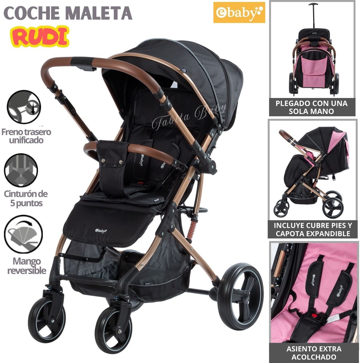 EBABY - Coche Maleta para bebé plegable extra acolchado Rudi Negro
