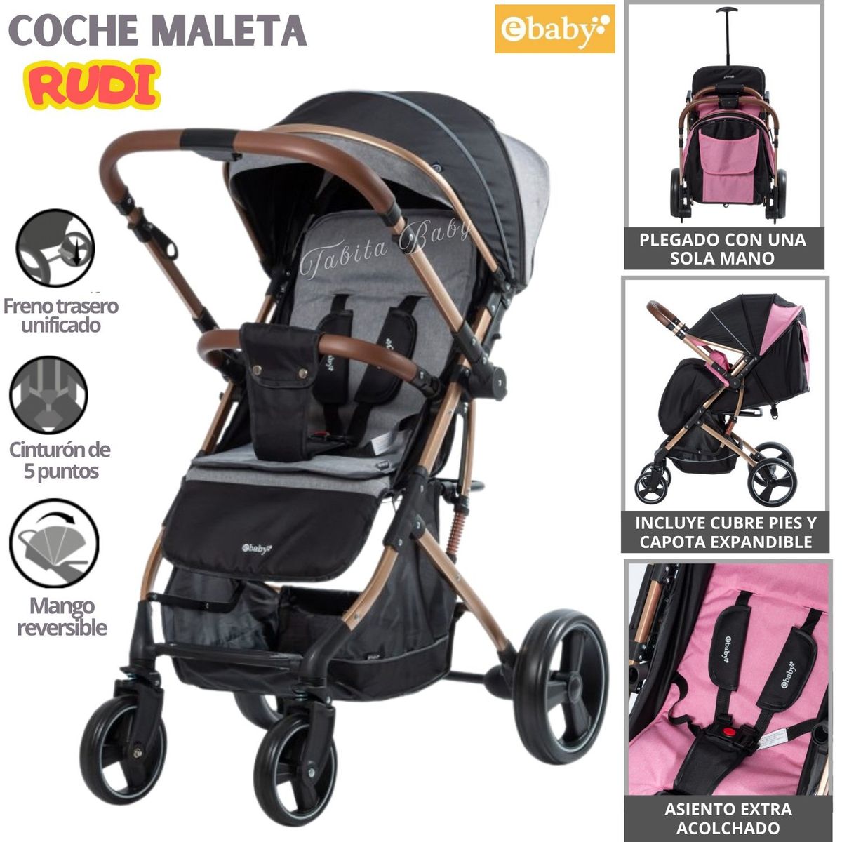 EBABY - Coche Maleta para bebé plegable extra acolchado Rudi Gris