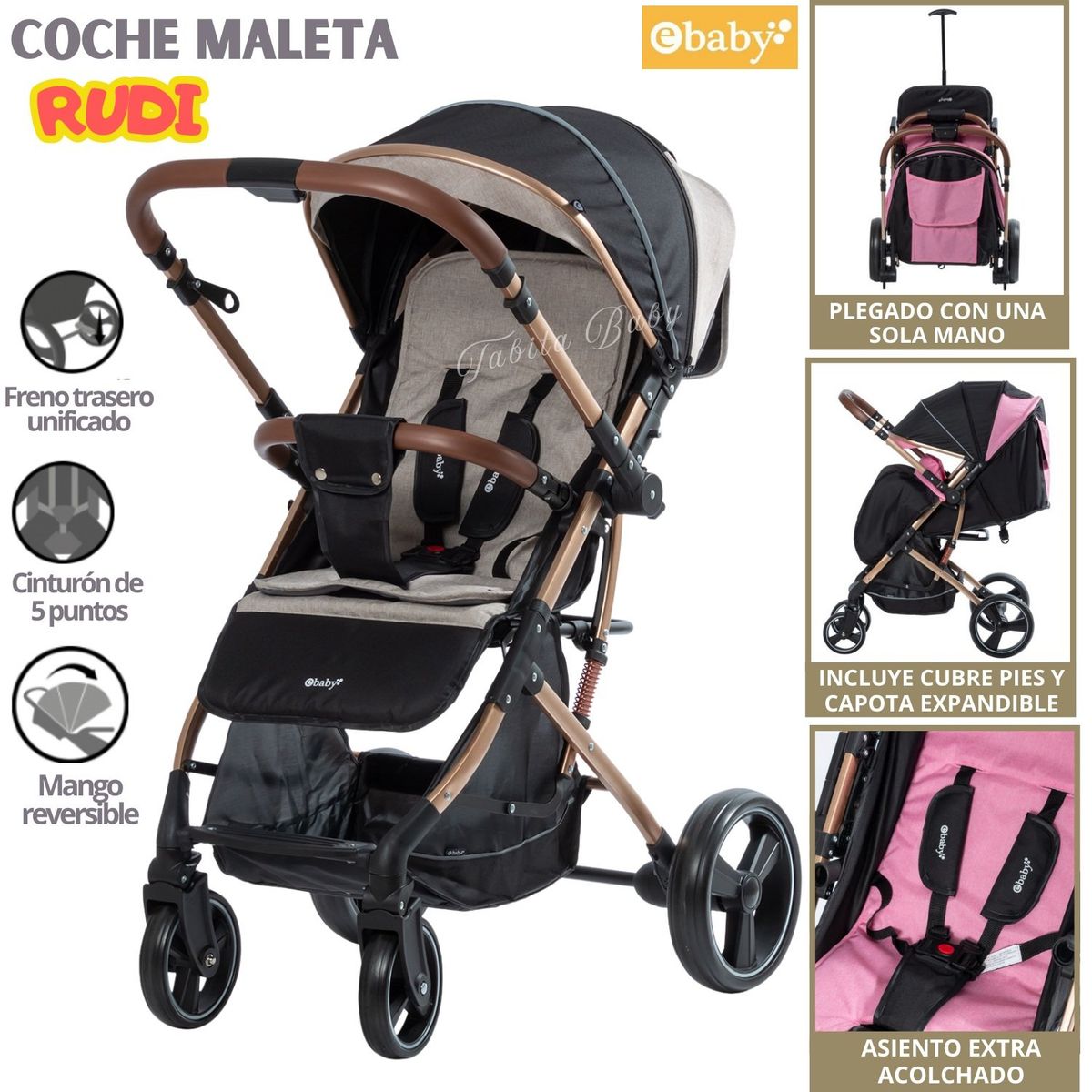 EBABY - Coche Maleta para bebé plegable extra acolchado Rudi Beige