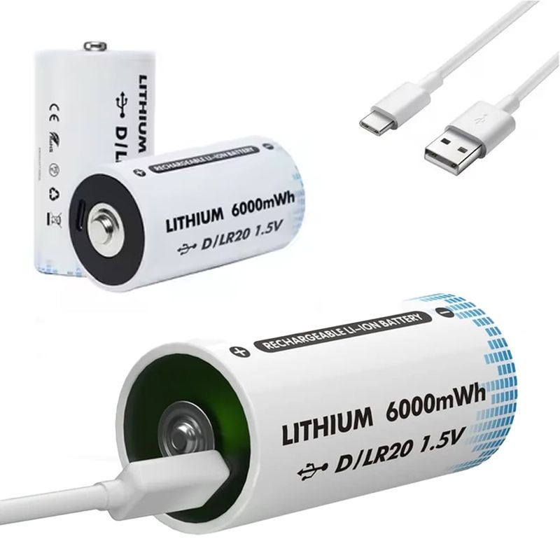 GENERICO - Bateria de Litio recargable Tipo D 1-5V 6000mwh Pila D LR20 USB C