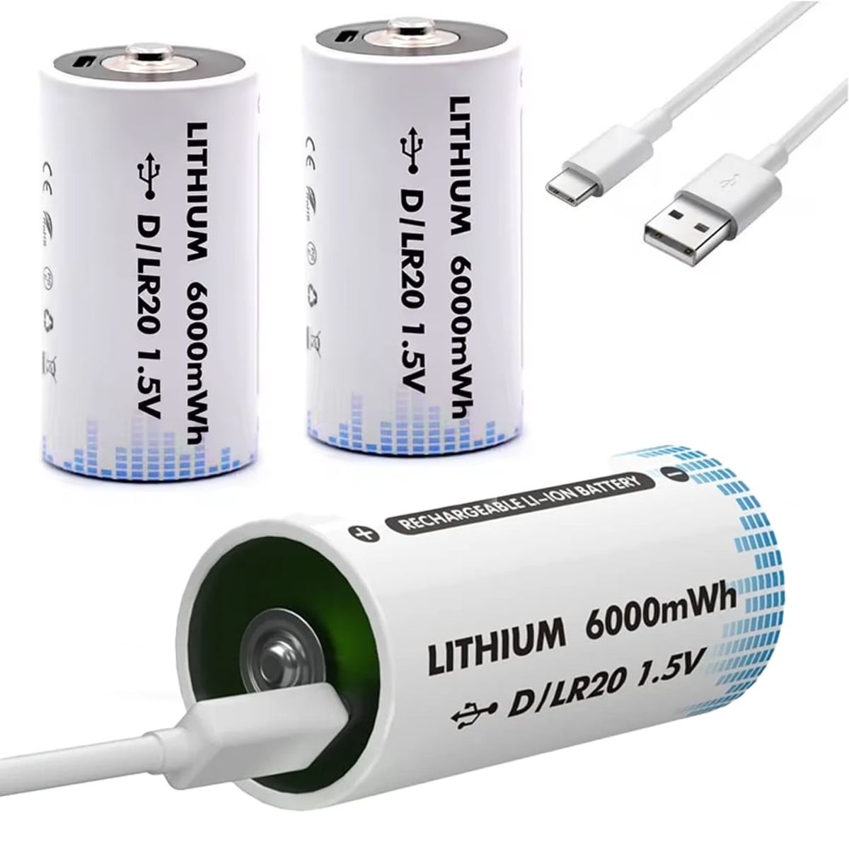 GENERICO - 2 BateriaS de Litio recargable Tipo D 1-5V 6000mwh Pila D LR20 USB C