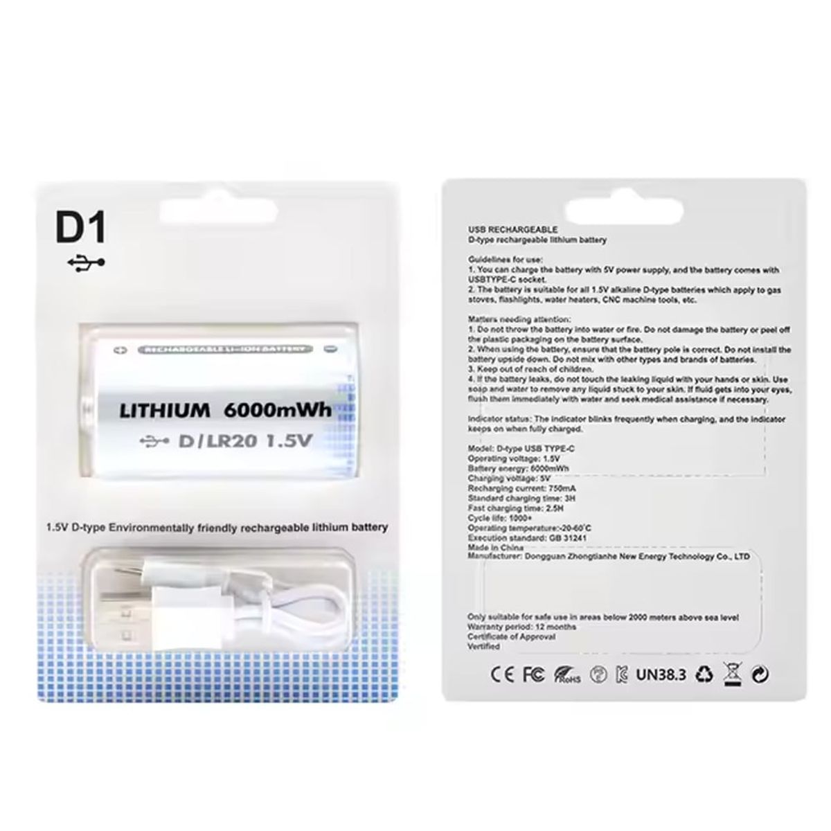 GENERICO - 2 BateriaS de Litio recargable Tipo D 1-5V 6000mwh Pila D LR20 USB C