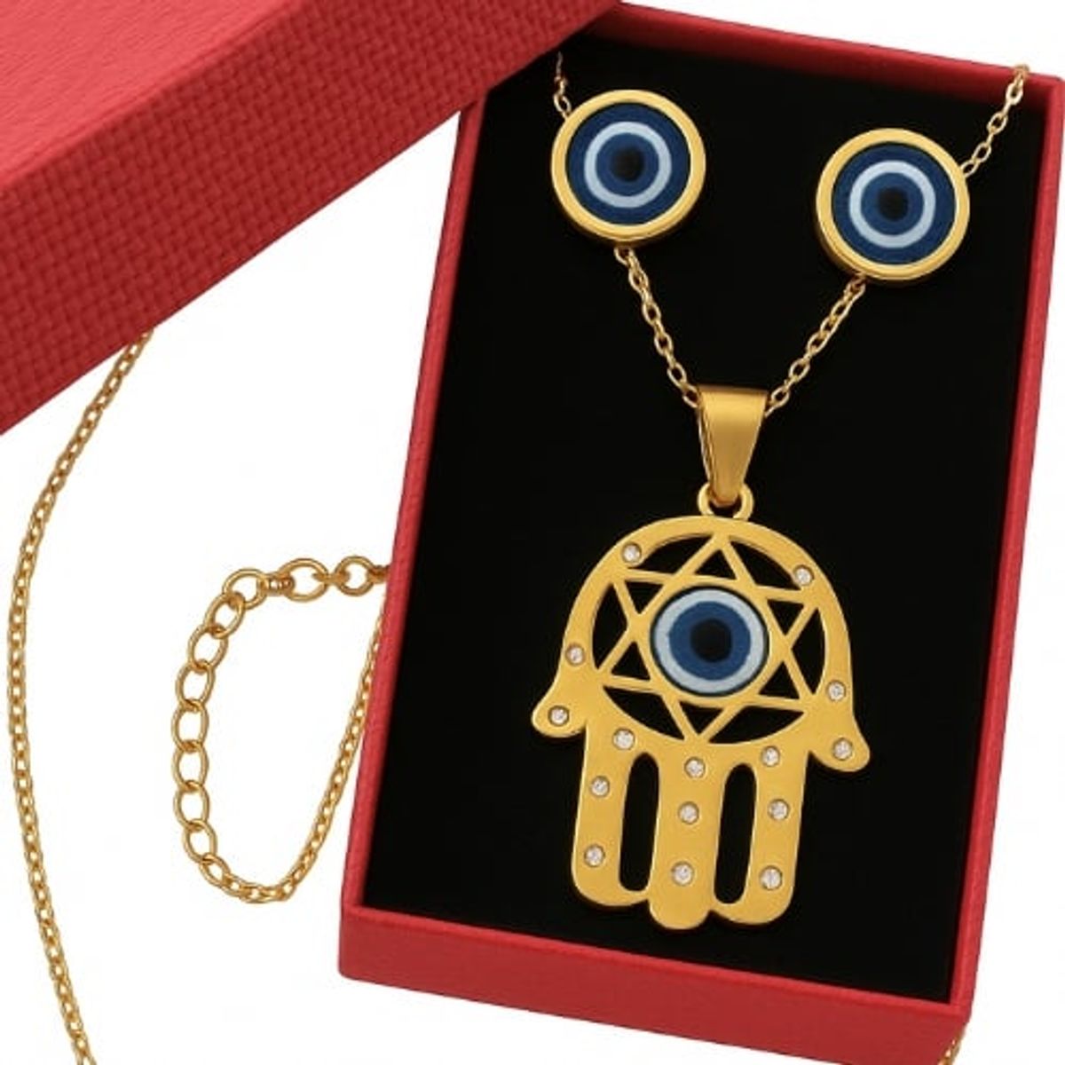 GENERICO - Collar y aretes Mano Poderoas y Ojo turco Mujer