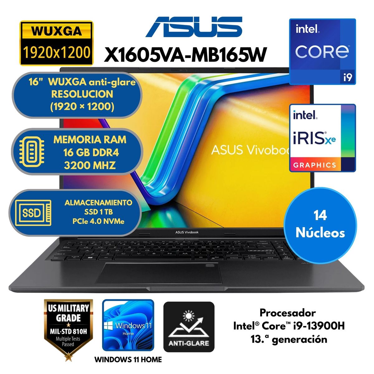 ASUS - Laptop Asus VIVOBOOK X1605VA-MB165W INTEL CORE i9 -RAM 16 GB 1TB SSD 16" WUXGA LED Windows 11