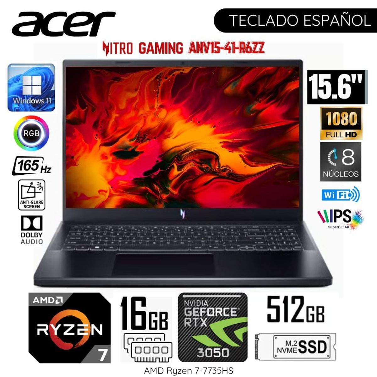 ACER - Laptop Acer Nitro ANV15-41-R6ZZ AMD Ryzen7-7735HS 16GB RAM 512GB SSD 156 FHD RTX3050-6GB - Black