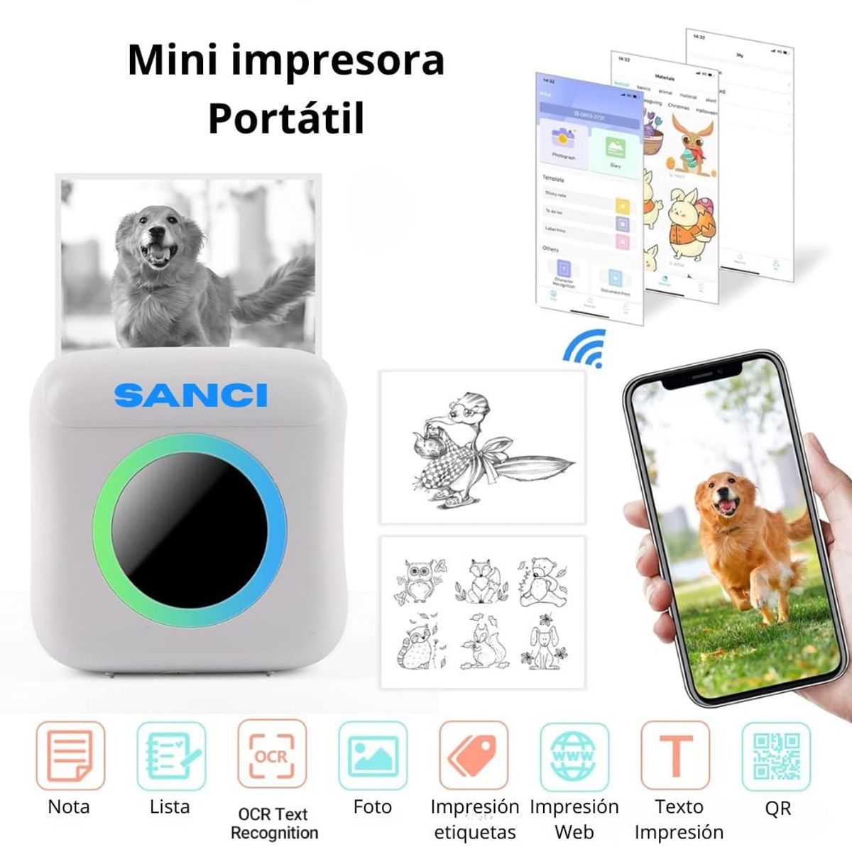 CAFINI - Mini Impresora Portátil con Luz RGB para Niños SANCI MP0853