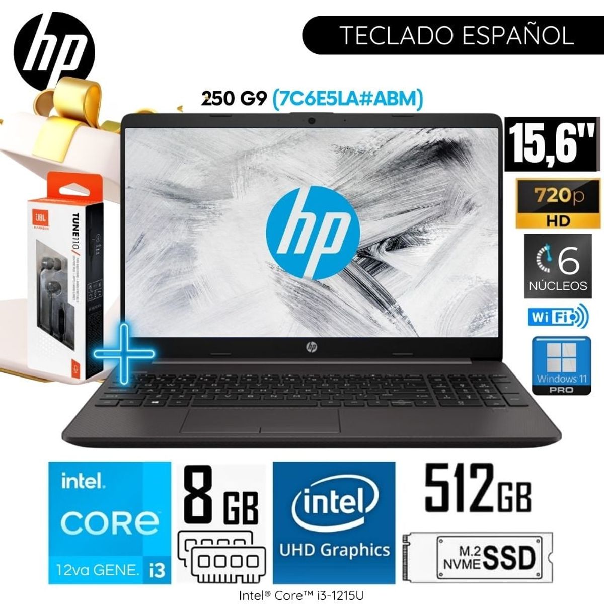 HP - Laptop HP 250 G9 Intel Core i3 1215U 8GB RAM 512GB SSD 15.6" HD (7C6E5LA#ABM)-Plomo